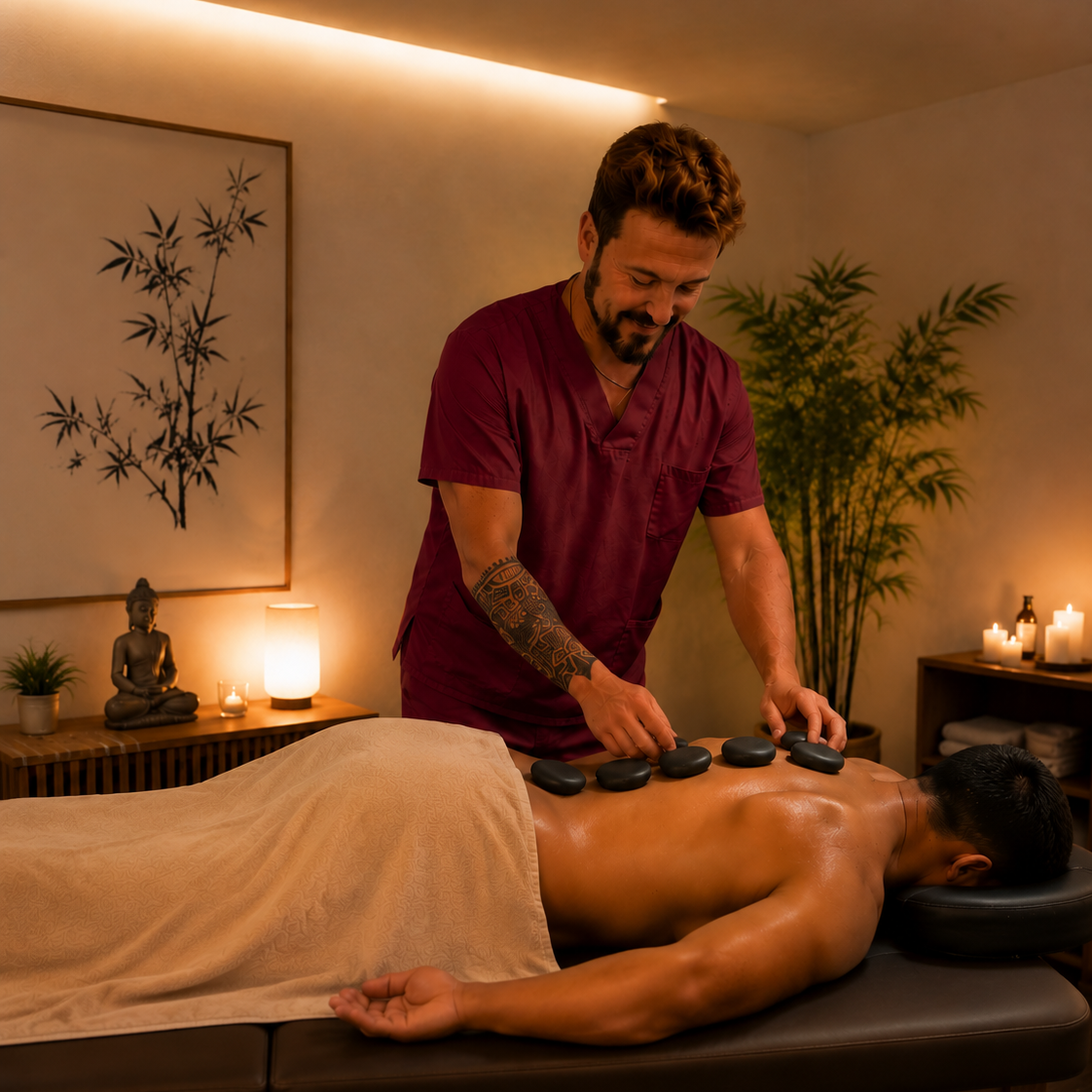 Ritual de piedras calientes Terapeuta aplicando piedras calientes en la espalda de un cliente durante un masaje.